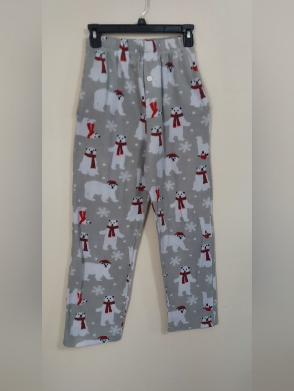 Kids Fleece Polar Bear Pajama Pants - Gray with Red Accents